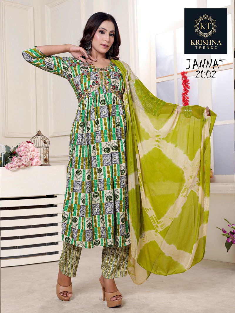 Jannat Vol 1 By Krishna Alia Cut Rayon Printed  Kurti With Bottom Dupatta Wholesale Online
